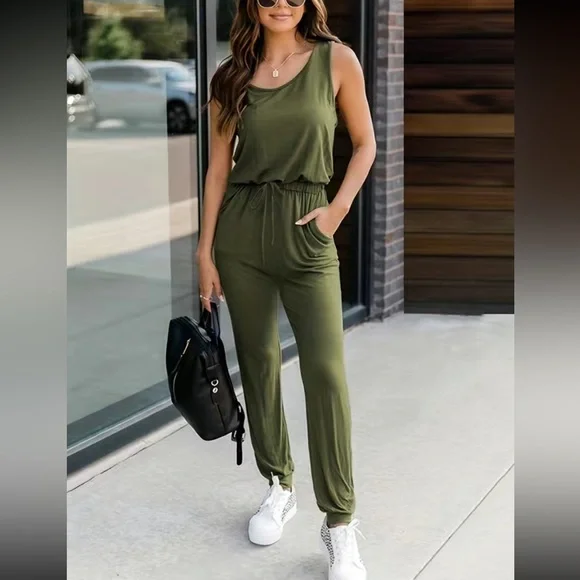 Boho sleeveless drawstring waist jumpsuit